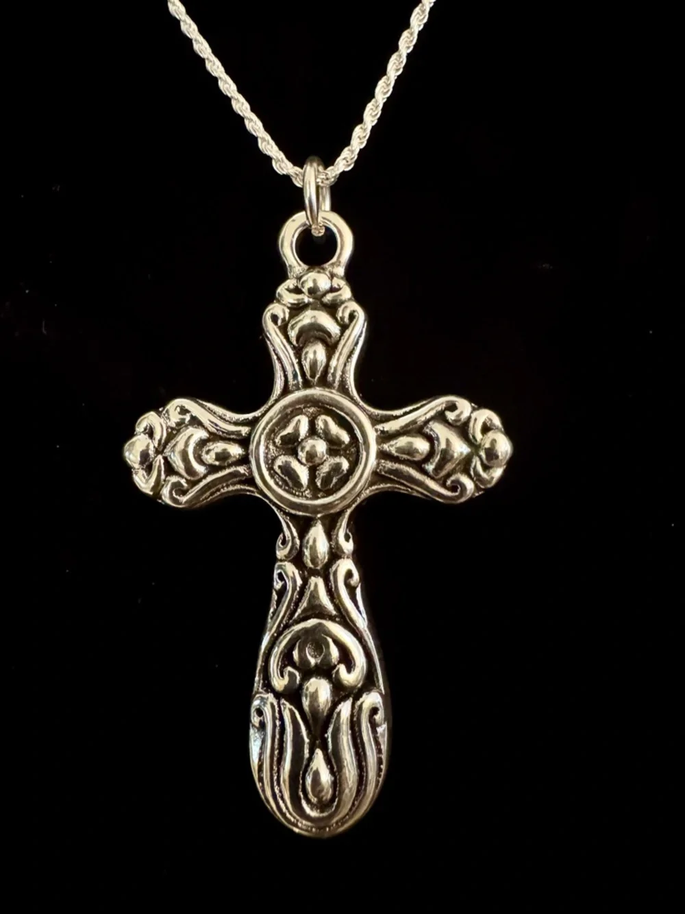 Ornate sterling Silver Cross Pendant with sterling‎ rope chain - Women Jewelry
